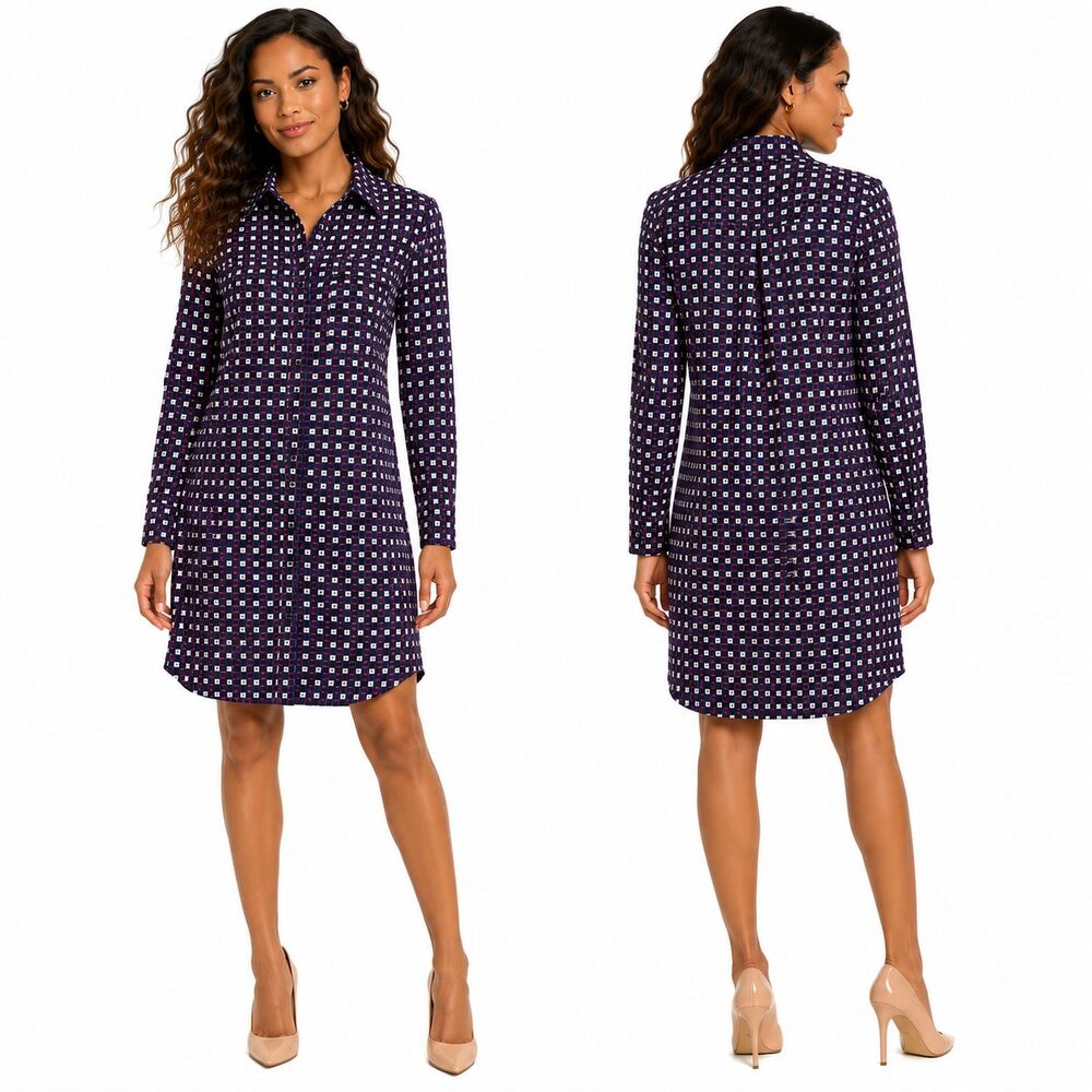 Ann Taylor Petite Shirt Dress 6P Printed Blue Red Geometric Button Front Career
